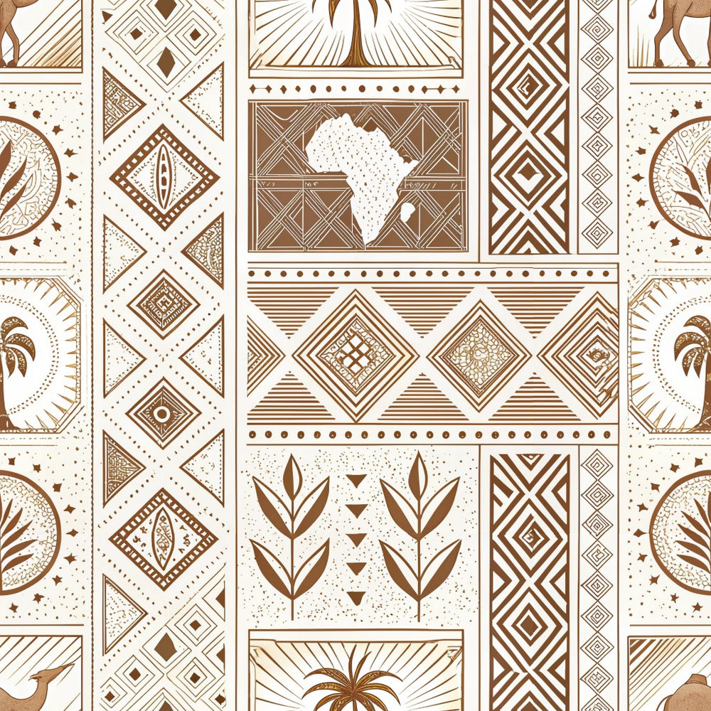 brown, cream, beige, geometric patterns, african motifs, mud cloth design, line art, tribal patterns, diamond shapes, continental silhouette, botanical elements, palm trees, abstract designs,, fabric panel, earthy tones, ethnic patterns, repetitive motifs, cultural artwork, decorative blocks