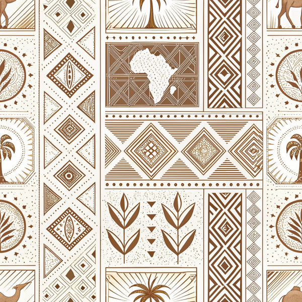 brown, cream, beige, geometric patterns, african motifs, mud cloth design, line art, tribal patterns, diamond shapes, continental silhouette, botanical elements, palm trees, abstract designs,, fabric panel, earthy tones, ethnic patterns, repetitive motifs, cultural artwork, decorative blocks