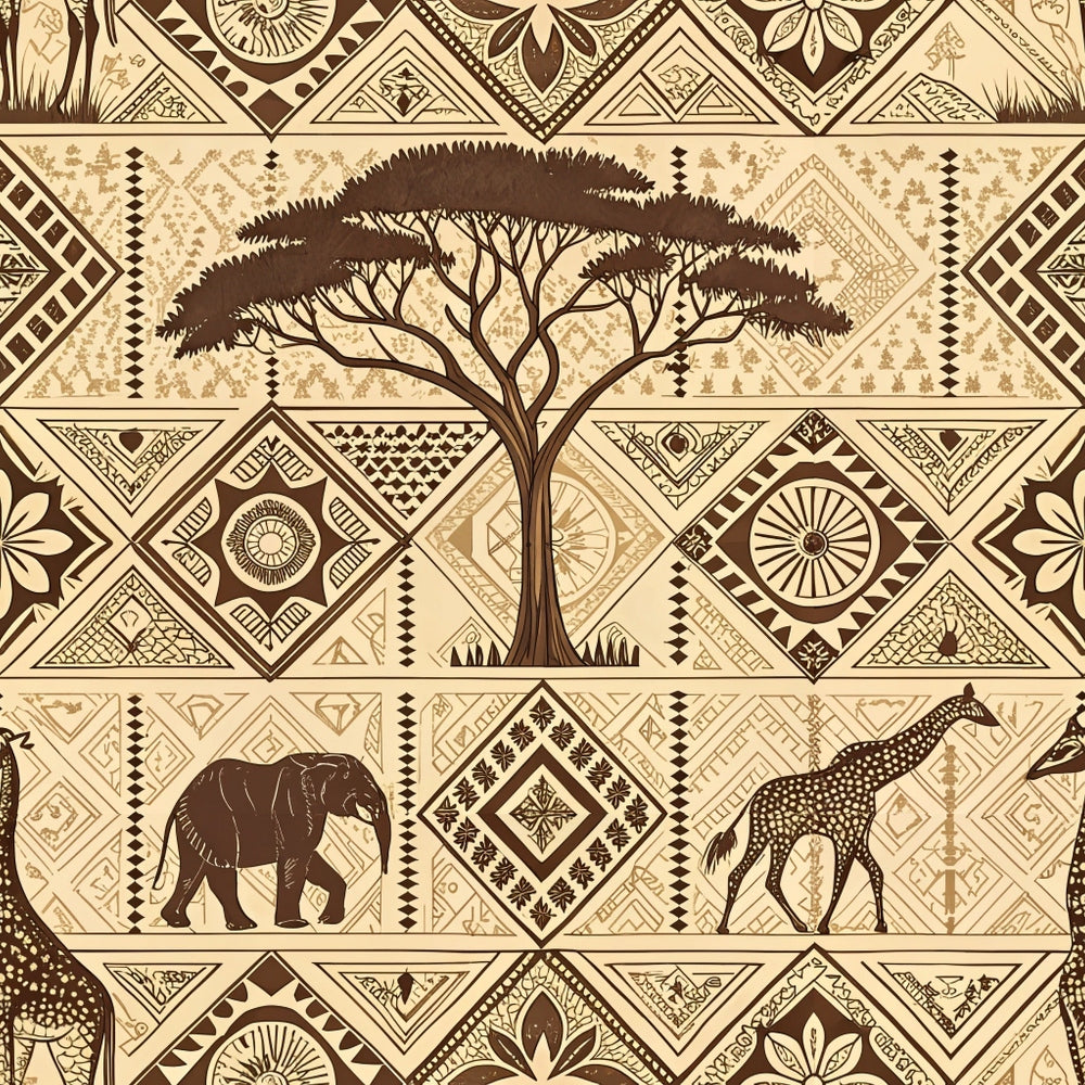 beige, cream, brown, geometric patterns, african motifs, acacia tree, elephant, giraffe, tribal designs, diamond shapes, zigzag lines, mud cloth style, line art, safari animals, ethnic patterns,, fabric panel, earth tones, botanical elements, cultural artwork