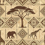 beige, cream, brown, geometric patterns, african motifs, acacia tree, elephant, giraffe, tribal designs, diamond shapes, zigzag lines, mud cloth style, line art, safari animals, ethnic patterns,, fabric panel, earth tones, botanical elements, cultural artwork