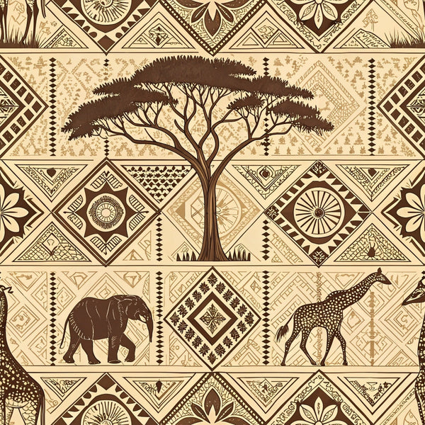 beige, cream, brown, geometric patterns, african motifs, acacia tree, elephant, giraffe, tribal designs, diamond shapes, zigzag lines, mud cloth style, line art, safari animals, ethnic patterns,, fabric panel, earth tones, botanical elements, cultural artwork