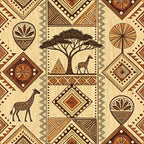 african mud cloth, geometric patterns, tribal motifs, acacia tree, giraffe, antelope, earth tones, brown, tan, beige, diamond shapes, triangular patterns, dots, lines, ethnic art,, fabric panel, safari animals, african wildlife, tribal designs, native patterns