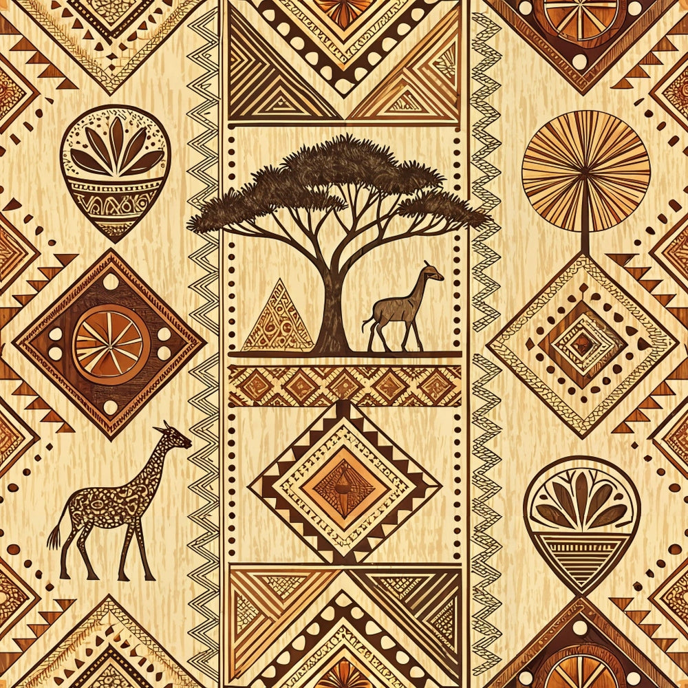 african mud cloth, geometric patterns, tribal motifs, acacia tree, giraffe, antelope, earth tones, brown, tan, beige, diamond shapes, triangular patterns, dots, lines, ethnic art,, fabric panel, safari animals, african wildlife, tribal designs, native patterns