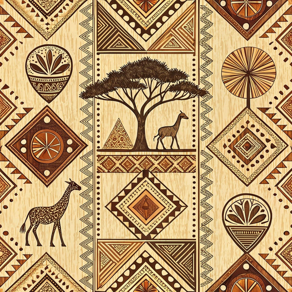 african mud cloth, geometric patterns, tribal motifs, acacia tree, giraffe, antelope, earth tones, brown, tan, beige, diamond shapes, triangular patterns, dots, lines, ethnic art,, fabric panel, safari animals, african wildlife, tribal designs, native patterns