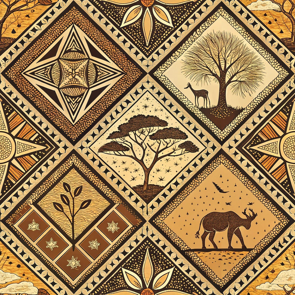 african inspired, mud cloth, geometric patterns, diamond motifs, earth tones, brown, tan, beige, ochre, tribal designs, wildlife silhouettes, deer, elephant, acacia trees, botanical elements, line art,, fabric panel, ethnic motifs, savanna scenes, dotwork patterns