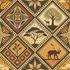african inspired, mud cloth, geometric patterns, diamond motifs, earth tones, brown, tan, beige, ochre, tribal designs, wildlife silhouettes, deer, elephant, acacia trees, botanical elements, line art,, fabric panel, ethnic motifs, savanna scenes, dotwork patterns