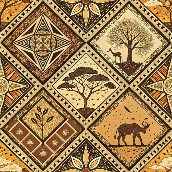 african inspired, mud cloth, geometric patterns, diamond motifs, earth tones, brown, tan, beige, ochre, tribal designs, wildlife silhouettes, deer, elephant, acacia trees, botanical elements, line art,, fabric panel, ethnic motifs, savanna scenes, dotwork patterns