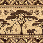 african mud cloth, beige, brown, tan, earth tones, geometric patterns, tribal motifs, acacia trees, giraffe, elephant, safari animals, diamond shapes, zigzag borders, silhouettes, savanna scene,, fabric panel, ethnic art, line art, dotted patterns
