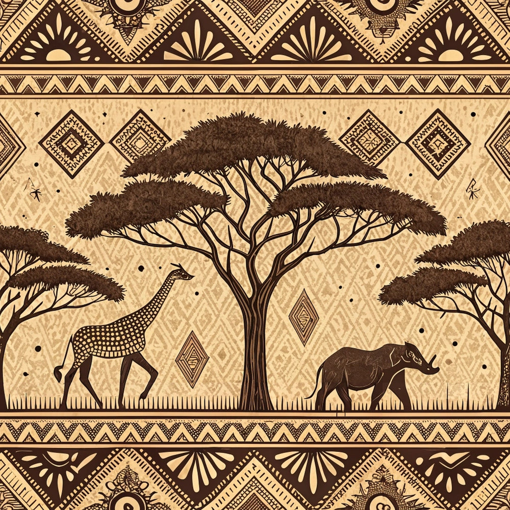 african mud cloth, beige, brown, tan, earth tones, geometric patterns, tribal motifs, acacia trees, giraffe, elephant, safari animals, diamond shapes, zigzag borders, silhouettes, savanna scene,, fabric panel, ethnic art, line art, dotted patterns