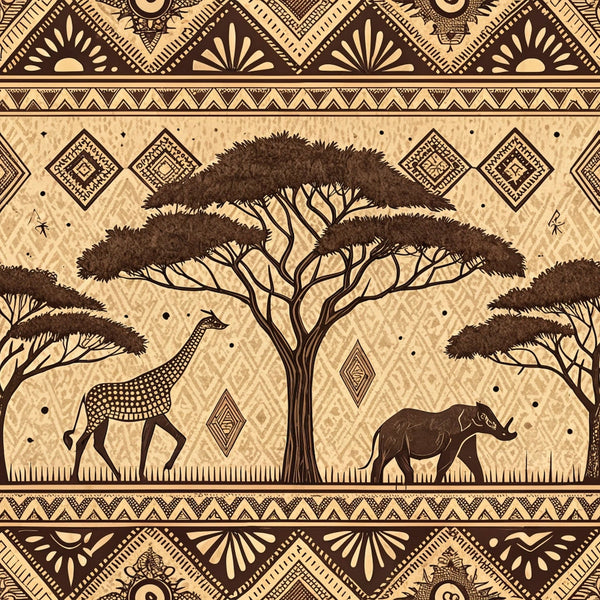 african mud cloth, beige, brown, tan, earth tones, geometric patterns, tribal motifs, acacia trees, giraffe, elephant, safari animals, diamond shapes, zigzag borders, silhouettes, savanna scene,, fabric panel, ethnic art, line art, dotted patterns