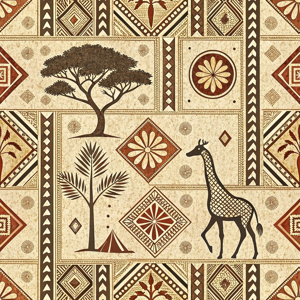 cream, beige, brown, burgundy, geometric patterns, african motifs, giraffe, acacia tree, palm frond, tribal designs, diamond shapes, chevron borders, earth tones, mud cloth style,, fabric panel, botanical elements, safari animals, ethnic art, decorative medallions