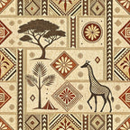 cream, beige, brown, burgundy, geometric patterns, african motifs, giraffe, acacia tree, palm frond, tribal designs, diamond shapes, chevron borders, earth tones, mud cloth style,, fabric panel, botanical elements, safari animals, ethnic art, decorative medallions