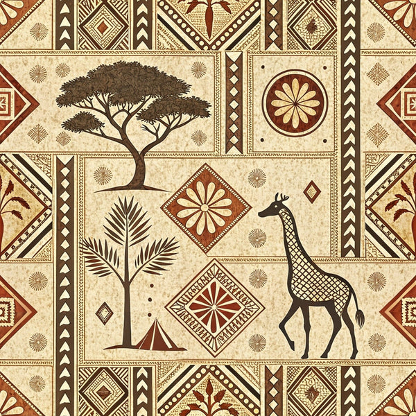 cream, beige, brown, burgundy, geometric patterns, african motifs, giraffe, acacia tree, palm frond, tribal designs, diamond shapes, chevron borders, earth tones, mud cloth style,, fabric panel, botanical elements, safari animals, ethnic art, decorative medallions