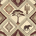brown, cream, beige, geometric patterns, diamond shapes, tribal motifs, acacia tree, elephant silhouette, african inspired, mud cloth style, line art, ethnic designs, safari theme,, fabric panel, earthy tones, cultural patterns, wildlife motifs, botanical elements, repeating design