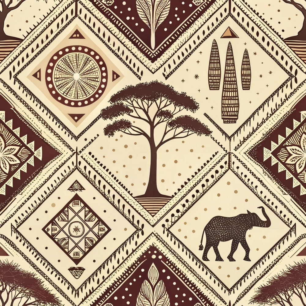 brown, cream, beige, geometric patterns, diamond shapes, tribal motifs, acacia tree, elephant silhouette, african inspired, mud cloth style, line art, ethnic designs, safari theme,, fabric panel, earthy tones, cultural patterns, wildlife motifs, botanical elements, repeating design