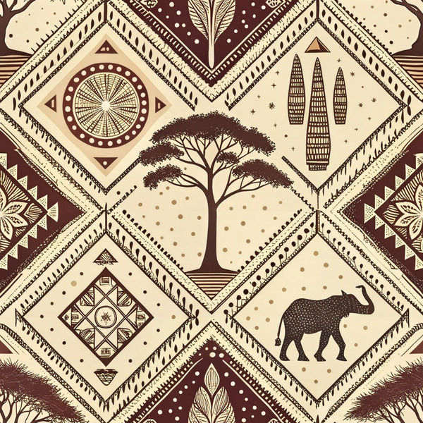 brown, cream, beige, geometric patterns, diamond shapes, tribal motifs, acacia tree, elephant silhouette, african inspired, mud cloth style, line art, ethnic designs, safari theme,, fabric panel, earthy tones, cultural patterns, wildlife motifs, botanical elements, repeating design