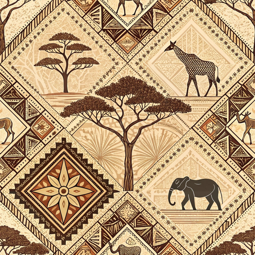 african inspired, mud cloth, geometric patterns, diamond motifs, acacia trees, elephant, giraffe, tribal designs, earth tones, brown, beige, tan, cream,, fabric panel, safari animals, botanical elements, ethnic art, repetitive pattern, african wildlife