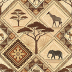african inspired, mud cloth, geometric patterns, diamond motifs, acacia trees, elephant, giraffe, tribal designs, earth tones, brown, beige, tan, cream,, fabric panel, safari animals, botanical elements, ethnic art, repetitive pattern, african wildlife