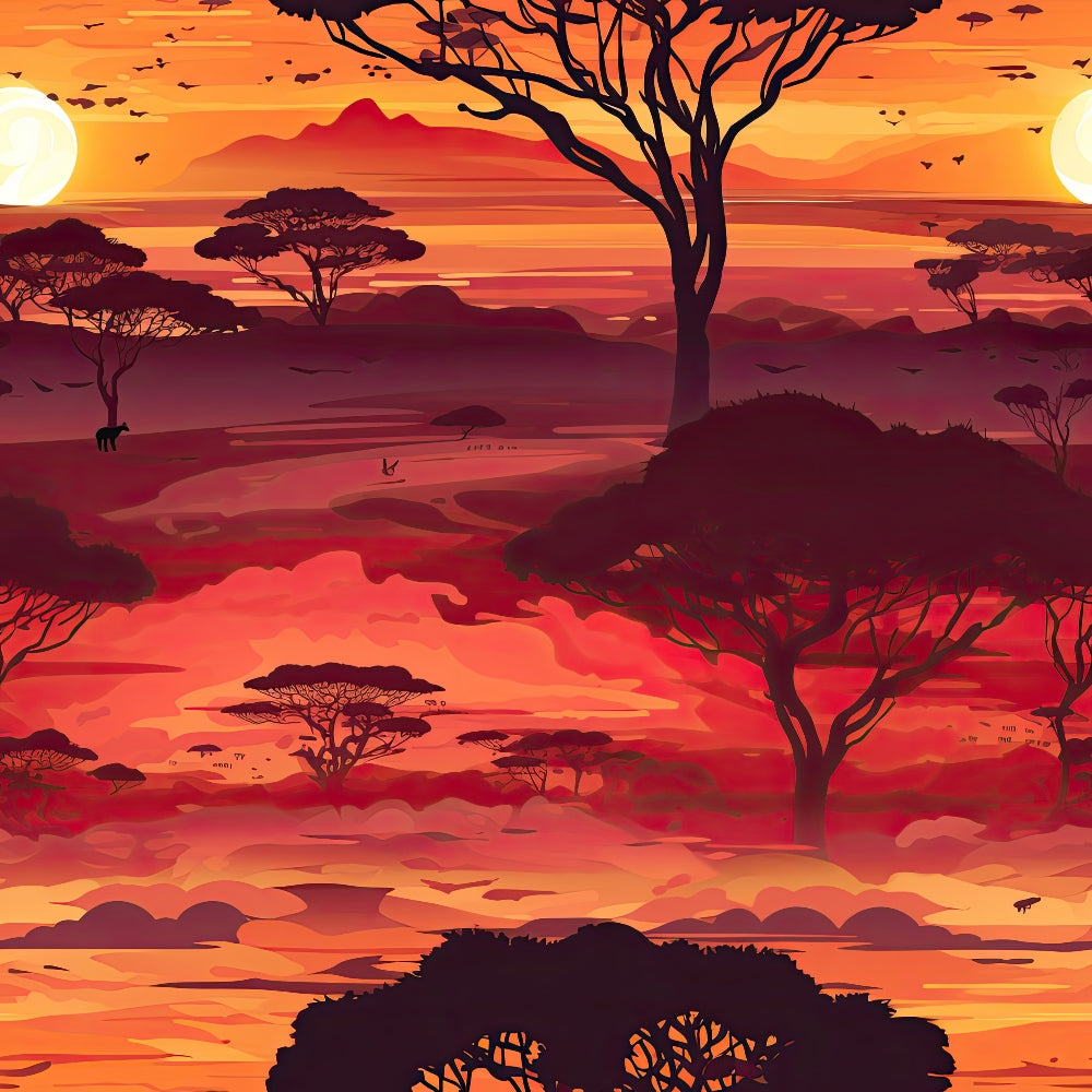 african safari, sunset landscape, orange sky, red horizon, purple mountains, acacia trees, silhouettes, savanna scene, warm colors,, fabric panel, nature motif, wildlife habitat, evening sky, layered hills, tree branches, artistic illustration, seamless pattern, amber tones, burgundy shades
