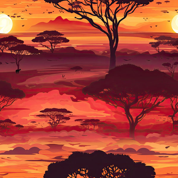 african safari, sunset landscape, orange sky, red horizon, purple mountains, acacia trees, silhouettes, savanna scene, warm colors,, fabric panel, nature motif, wildlife habitat, evening sky, layered hills, tree branches, artistic illustration, seamless pattern, amber tones, burgundy shades
