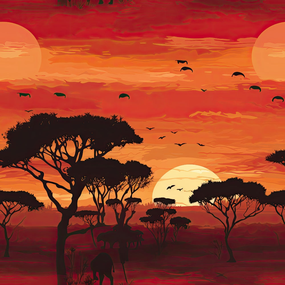 sunset landscape, african savanna, silhouette trees, acacia trees, orange sky, red gradient, yellow sun, flying birds, elephant silhouettes, safari scene, warm colors,, fabric panel, nature motif, wildlife design, dramatic sky, golden horizon, peaceful mood, layered mountains, artistic illustration