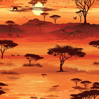 orange sunset, amber tones, coral hues, golden yellow, rust colors, african savanna, acacia trees, silhouette design, safari landscape, rolling hills, flying birds, elephant silhouette, layered scenery,, fabric panel, warm palette, wilderness theme, nature scene, artistic illustration, peaceful mood
