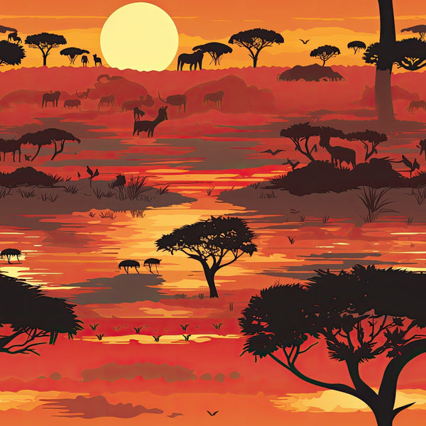 african safari, sunset landscape, orange tones, red hues, yellow sun, acacia trees, elephants, wildlife silhouettes, savanna scene, layered composition, warm colors, golden sky,, fabric panel, nature motif, scenic design, tropical sunset, animal figures, tree silhouettes, panoramic view