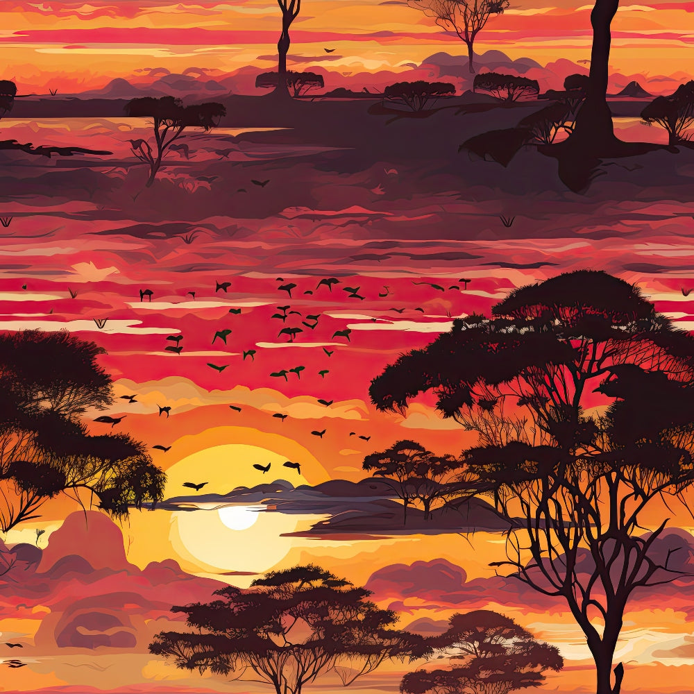 african safari, sunset landscape, acacia trees, silhouettes, flying birds, orange sky, red horizon, yellow sun, purple mountains,, fabric panel, savanna scene, dramatic sky, warm colors, nature pattern, wildlife setting, evening light, layered design, panoramic view