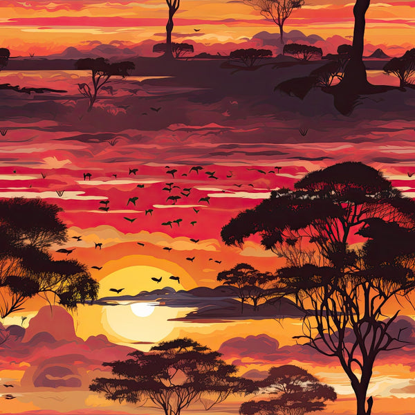 african safari, sunset landscape, acacia trees, silhouettes, flying birds, orange sky, red horizon, yellow sun, purple mountains,, fabric panel, savanna scene, dramatic sky, warm colors, nature pattern, wildlife setting, evening light, layered design, panoramic view