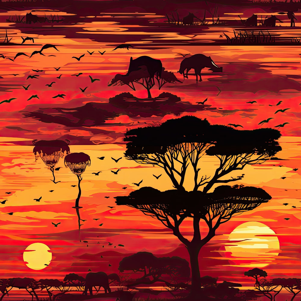 african safari, sunset landscape, silhouette design, acacia trees, flying birds, elephants, rhinoceros, orange gradient, red sky, yellow sun, savanna scene, wildlife motifs,, fabric panel, dramatic sky, nature pattern, warm tones, animal silhouettes, african wilderness, sunset colors