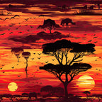 african safari, sunset landscape, silhouette design, acacia trees, flying birds, elephants, rhinoceros, orange gradient, red sky, yellow sun, savanna scene, wildlife motifs,, fabric panel, dramatic sky, nature pattern, warm tones, animal silhouettes, african wilderness, sunset colors