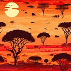 african safari, sunset landscape, orange tones, red hues, yellow sun, acacia trees, elephant silhouettes, birds flying, savanna scene, wildlife pattern,, fabric panel, warm colors, nature motif, african animals, tree silhouettes, horizon line, golden sky, safari theme, cotton fabric
