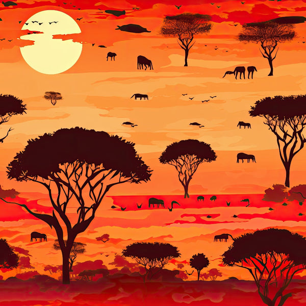 african safari, sunset landscape, orange tones, red hues, yellow sun, acacia trees, elephant silhouettes, birds flying, savanna scene, wildlife pattern,, fabric panel, warm colors, nature motif, african animals, tree silhouettes, horizon line, golden sky, safari theme, cotton fabric