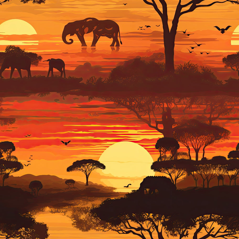 african safari, sunset landscape, orange sky, golden yellow, silhouette elephants, acacia trees, flying birds, water reflection, warm amber tones, scenic wildlife,, fabric panel, savanna scene, dramatic sky, nature motif, animal silhouettes, tropical sunset, layered landscape, peaceful evening, artistic illustration
