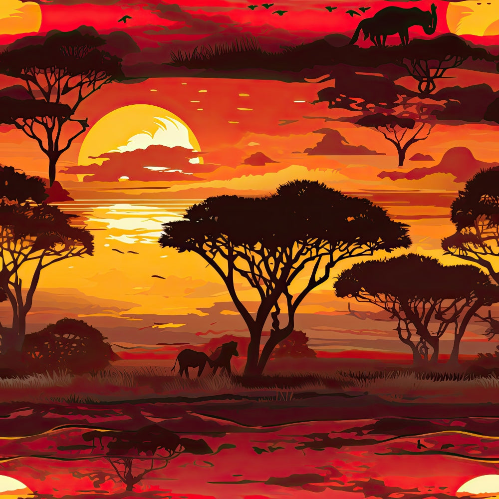 african safari, sunset landscape, acacia trees, elephants, silhouettes, orange sky, red horizon, yellow sun, warm colors, savanna scene, wildlife,, fabric panel, evening light, nature pattern, scenic design, golden hour, tropical sunset, animal motifs, layered composition
