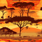 orange, red, yellow, golden, sunset colors, african safari, acacia trees, elephants, silhouettes, savanna landscape,, fabric panel, wildlife scene, warm tones, horizon line, nature pattern, tropical trees, animal motifs, landscape design, evening sky