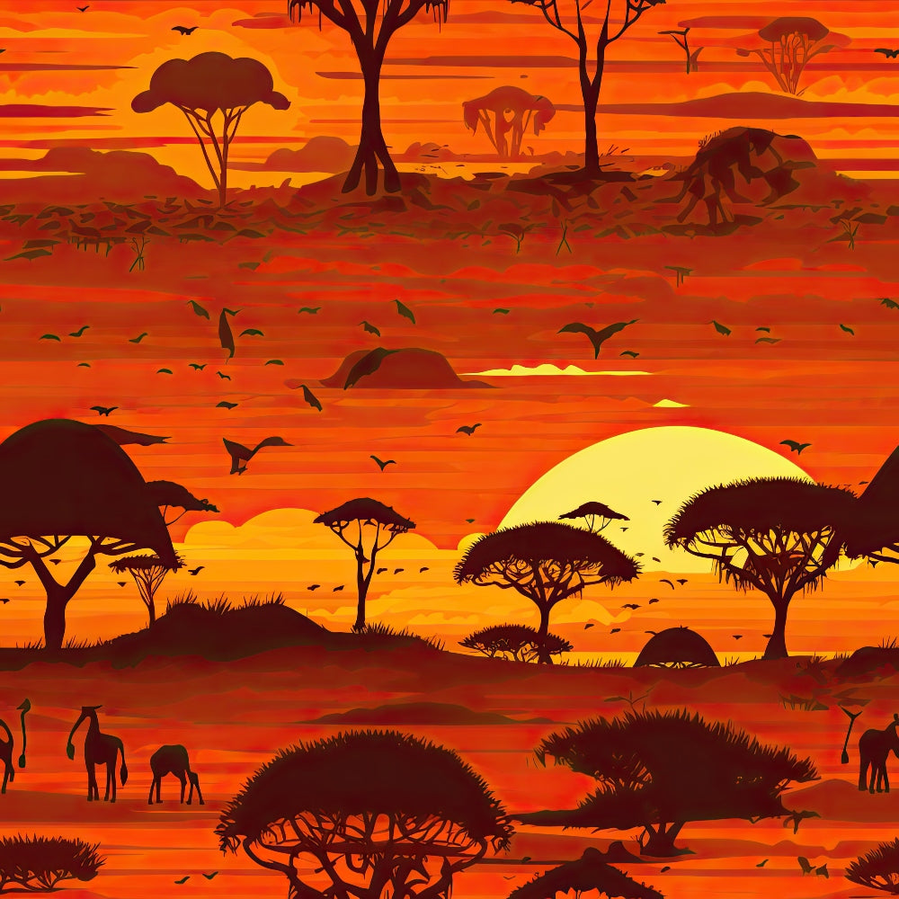african safari, sunset landscape, orange gradient, red horizon, yellow sun, acacia trees, silhouette design, savanna scene, flying birds, wildlife silhouettes, giraffes, elephants,, fabric panel, warm colors, golden yellow, burnt orange, crimson red, nature scene, seamless pattern