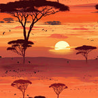 orange, sunset, african safari, acacia trees, silhouettes, birds flying, warm tones, landscape scene, horizon, golden yellow, red orange, nature pattern,, fabric panel, serene mood, wildlife, savanna, evening sky, artistic illustration, peaceful atmosphere