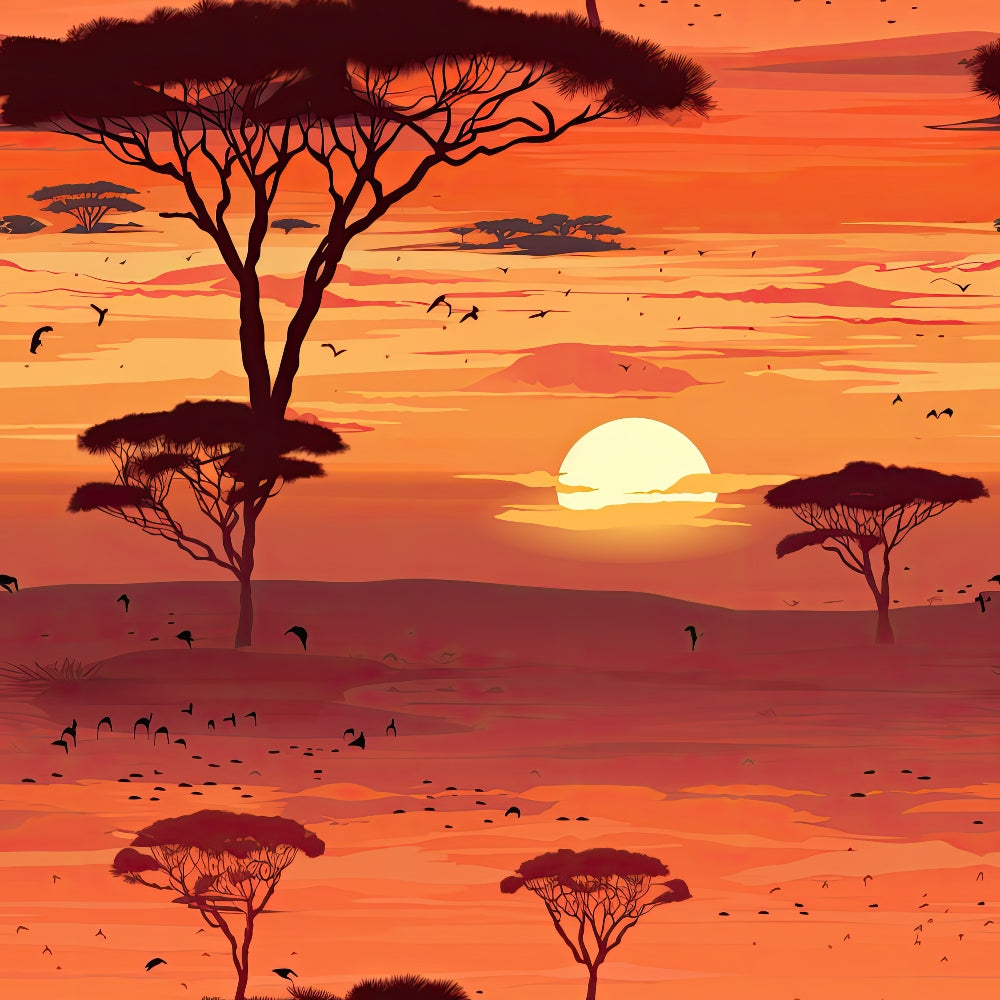 orange, sunset, african safari, acacia trees, silhouettes, birds flying, warm tones, landscape scene, horizon, golden yellow, red orange, nature pattern,, fabric panel, serene mood, wildlife, savanna, evening sky, artistic illustration, peaceful atmosphere