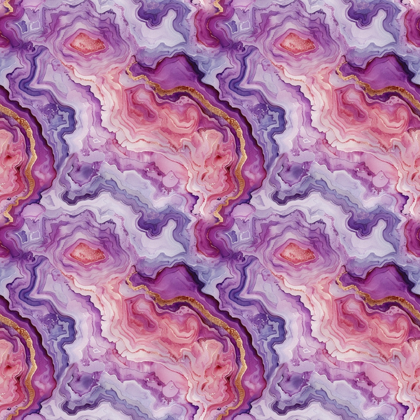 purple, lavender, magenta, pink, coral, gold accents, agate pattern, geode design, mineral formation, crystalline structure, flowing layers, organic shapes, natural stone,, fabric panel, geological inspired, luxury aesthetic, marble effect, contemporary design, gemstone motif