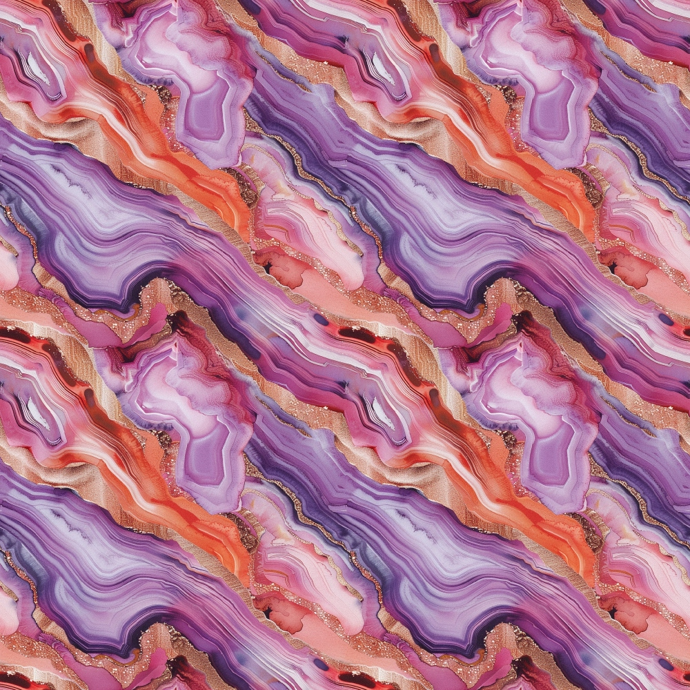 agate pattern, gemstone design, purple hues, coral pink, lavender, gold veining, marbled texture, geode slices, mineral formations, flowing bands, crystalline structure,, fabric panel, organic swirls, luxurious finish, abstract geological, layered striations, natural stone, wavy lines, metallic accents