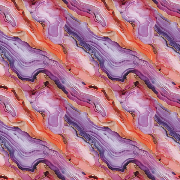 agate pattern, gemstone design, purple hues, coral pink, lavender, gold veining, marbled texture, geode slices, mineral formations, flowing bands, crystalline structure,, fabric panel, organic swirls, luxurious finish, abstract geological, layered striations, natural stone, wavy lines, metallic accents