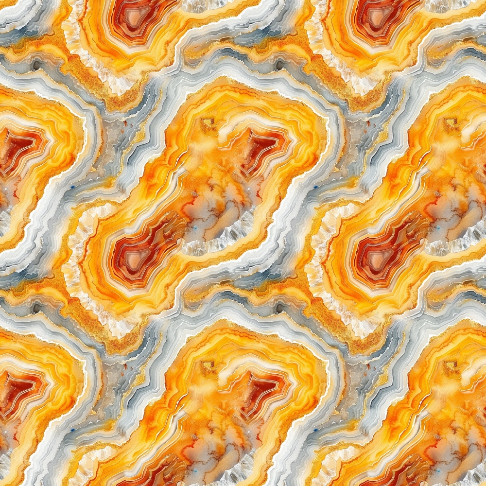 orange, amber, gray, white, red, burgundy, agate slices, geode pattern, mineral formations, concentric rings, banded layers, geological texture, natural stone, earth tones, repeating pattern,, fabric panel, organic shapes, crystalline structure, warm colors
