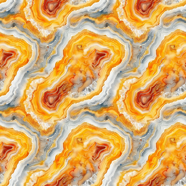 orange, amber, gray, white, red, burgundy, agate slices, geode pattern, mineral formations, concentric rings, banded layers, geological texture, natural stone, earth tones, repeating pattern,, fabric panel, organic shapes, crystalline structure, warm colors