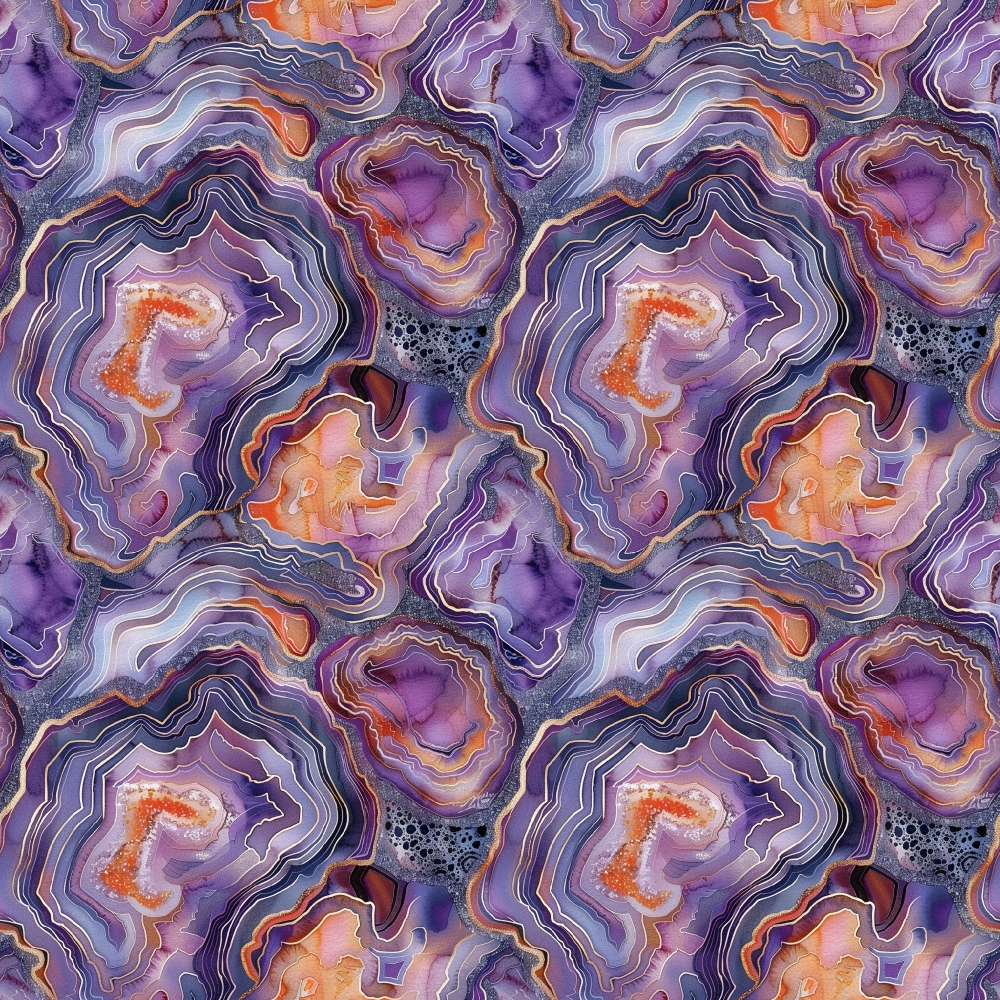 purple, lavender, orange, coral, gray, agate slices, geode pattern, mineral design, concentric rings, crystalline structure, geological formation, natural stone, druzy texture, marbled effect, organic shapes,, fabric panel, gemstone motif, earthy tones, flowing lines