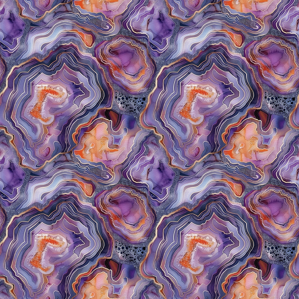 purple, lavender, orange, coral, gray, agate slices, geode pattern, mineral design, concentric rings, crystalline structure, geological formation, natural stone, druzy texture, marbled effect, organic shapes,, fabric panel, gemstone motif, earthy tones, flowing lines