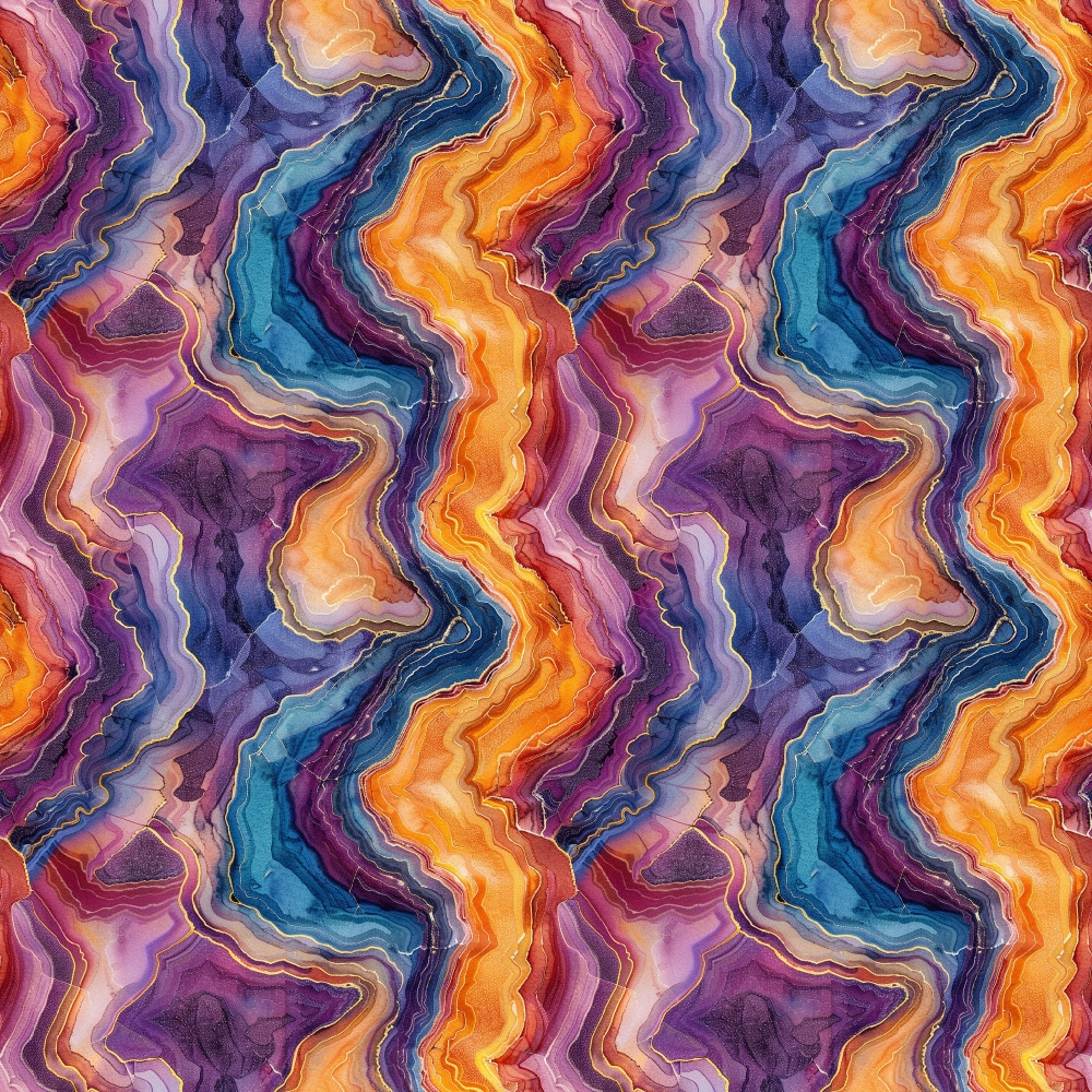 agate pattern, geode slices, mineral formations, wavy bands, flowing layers, purple tones, orange hues, blue accents, pink shades, golden highlights, abstract swirls, natural stone, crystalline structure, organic curves,, fabric panel, earthy palette, geological design, seamless repeat, vibrant colors
