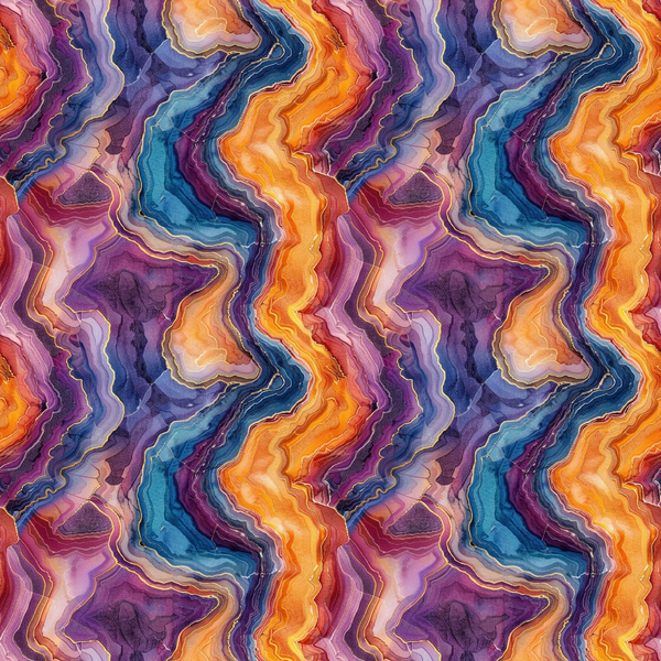 agate pattern, geode slices, mineral formations, wavy bands, flowing layers, purple tones, orange hues, blue accents, pink shades, golden highlights, abstract swirls, natural stone, crystalline structure, organic curves,, fabric panel, earthy palette, geological design, seamless repeat, vibrant colors