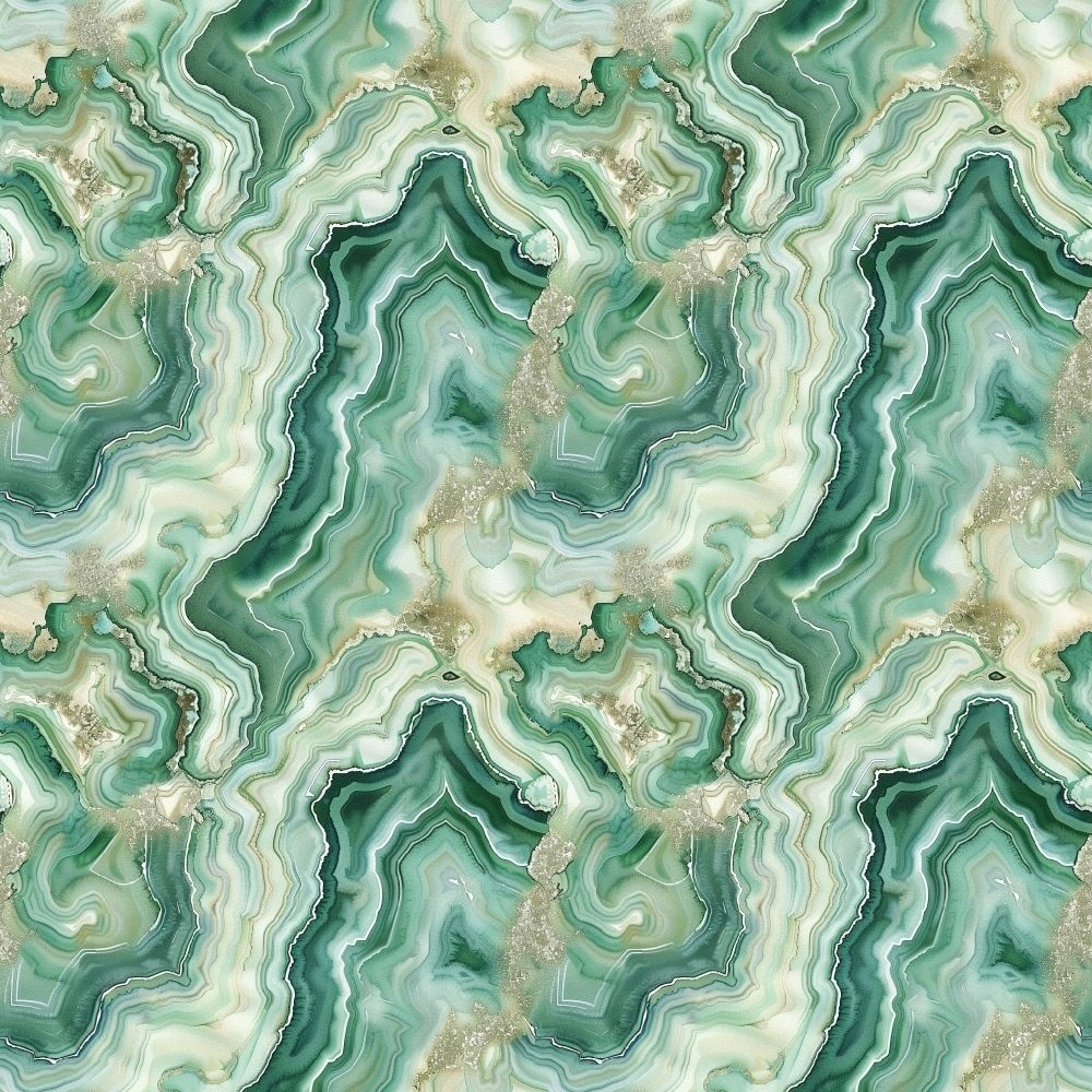 emerald green, sage green, mint green, cream, beige, gold accents, agate pattern, geode design, mineral formations, marbled texture, swirling bands, organic shapes, natural stone, crystalline structure,, fabric panel, geological inspired, fluid lines, layered rings, earthy tones