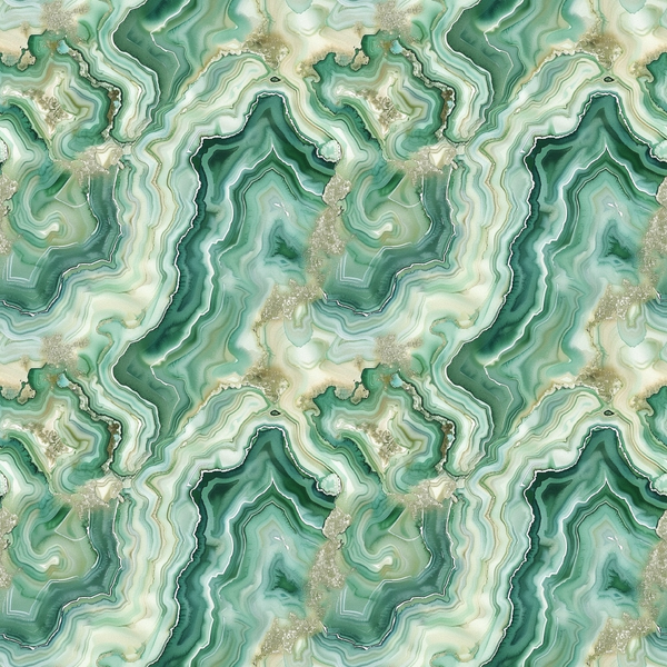 emerald green, sage green, mint green, cream, beige, gold accents, agate pattern, geode design, mineral formations, marbled texture, swirling bands, organic shapes, natural stone, crystalline structure,, fabric panel, geological inspired, fluid lines, layered rings, earthy tones